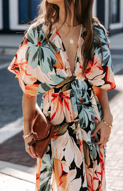 Orange Split Floral Kimono Long Dress - Brinxx Couture