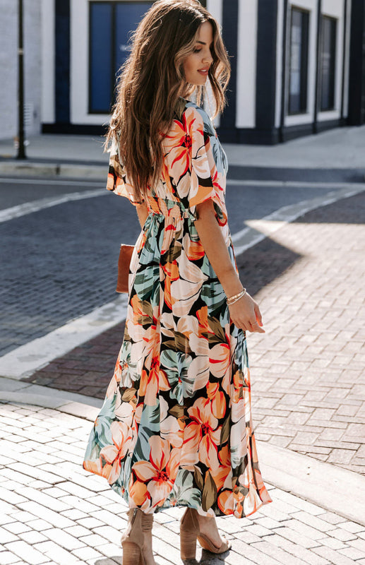 Orange Split Floral Kimono Long Dress - Brinxx Couture