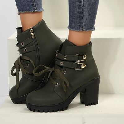 PU Leather Round Toe Block Heel Boots - Brinxx Couture