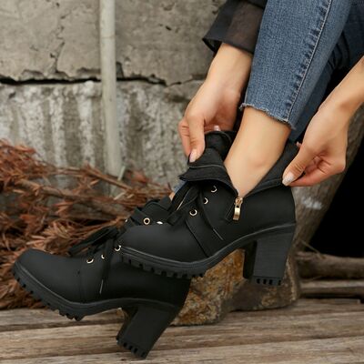 PU Leather Round Toe Block Heel Boots - Brinxx Couture