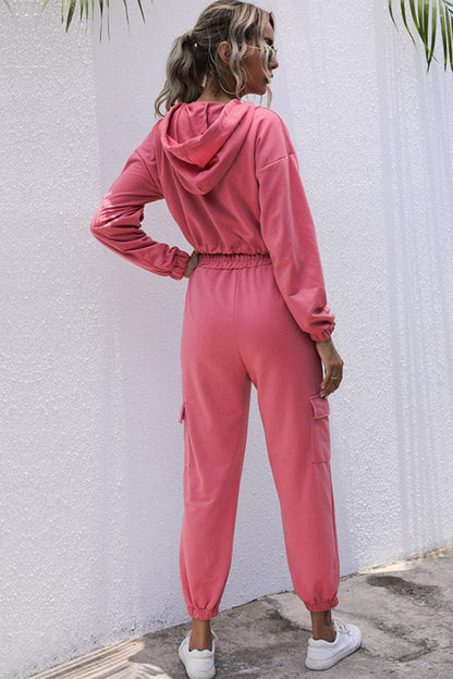 Pink Drawstring Hem Cropped Hoodie and Cargo Joggers Set - Brinxx Couture