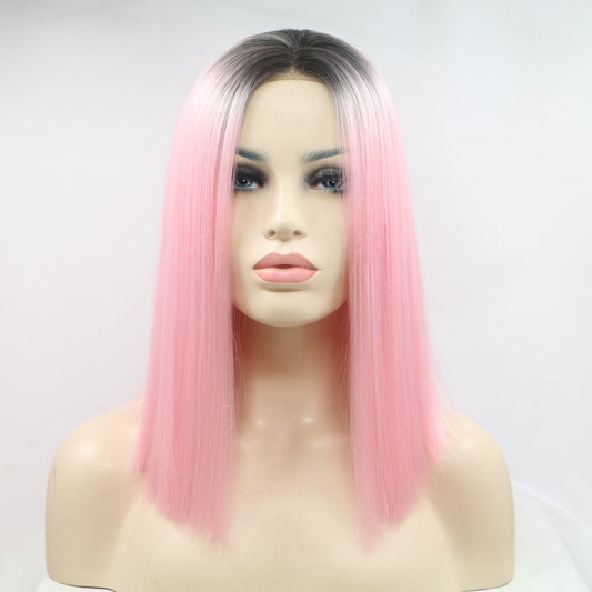 A stylish Pink Straight Lace Front Synthetic Wig 12" for women. this piece adds a touch of elegance to your outfit - Brinxx Couture