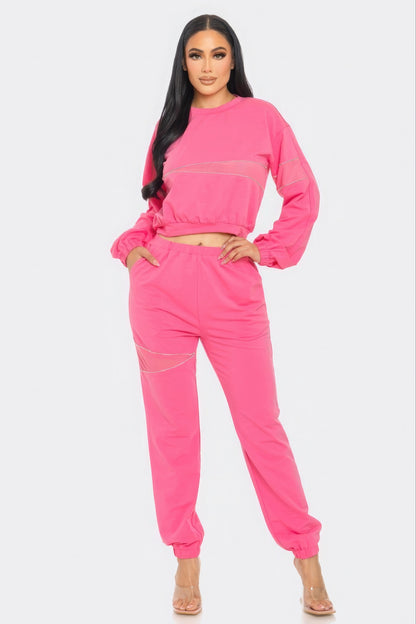 Pink Terry Mesh & Rhinestone Detail Jogger Set - Brinxx Couture