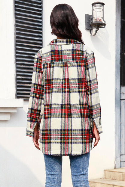 Plaid Button Up Collared Neck Shacket - Brinxx Couture