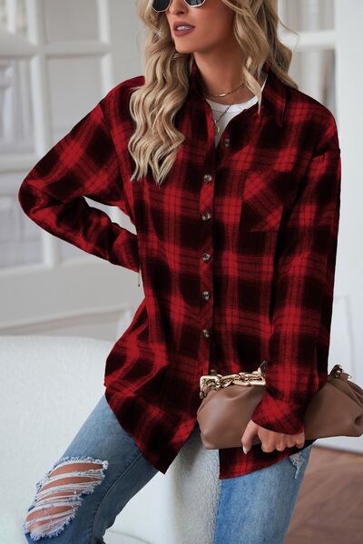 Plaid Button Up Dropped Shoulder Shirt - Brinxx Couture