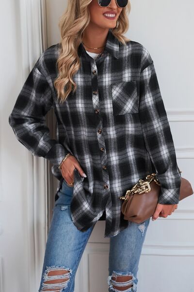 Plaid Button Up Dropped Shoulder Shirt - Brinxx Couture