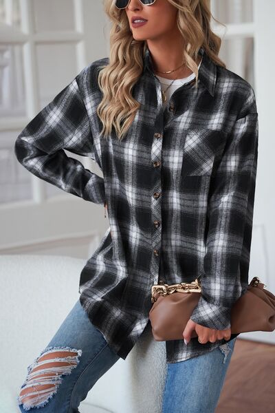 Plaid Button Up Dropped Shoulder Shirt - Brinxx Couture