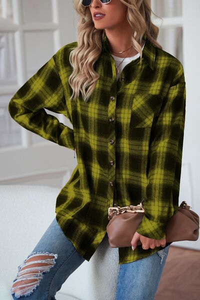 Plaid Button Up Dropped Shoulder Shirt - Brinxx Couture