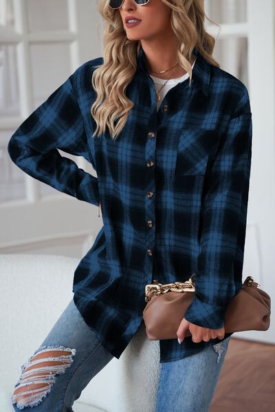 Plaid Button Up Dropped Shoulder Shirt - Brinxx Couture