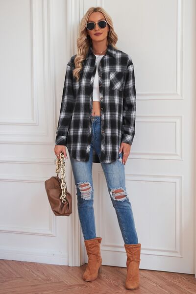 Plaid Button Up Dropped Shoulder Shirt - Brinxx Couture