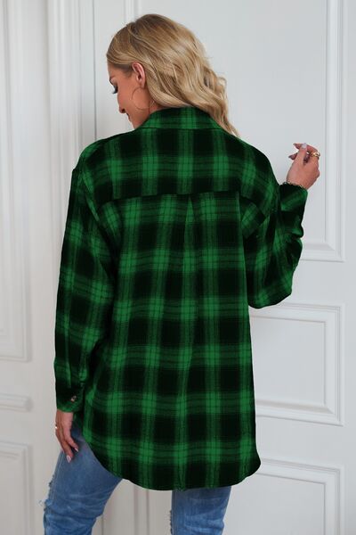 Plaid Button Up Dropped Shoulder Shirt - Brinxx Couture