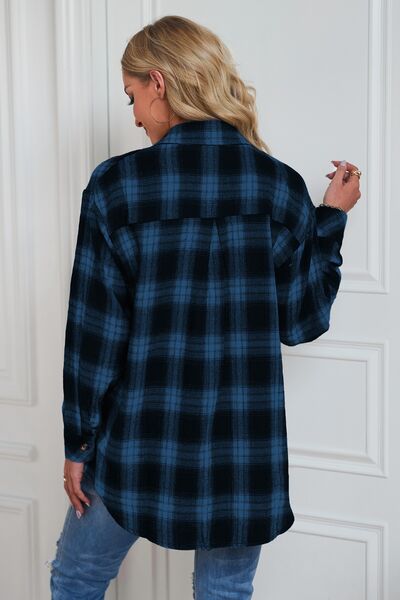 Plaid Button Up Dropped Shoulder Shirt - Brinxx Couture