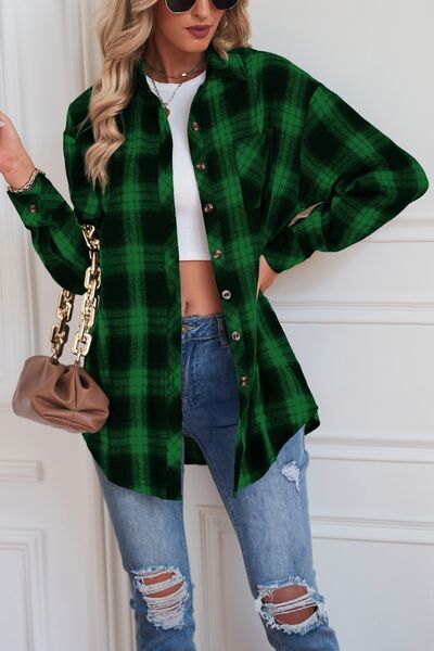 Plaid Button Up Dropped Shoulder Shirt - Brinxx Couture