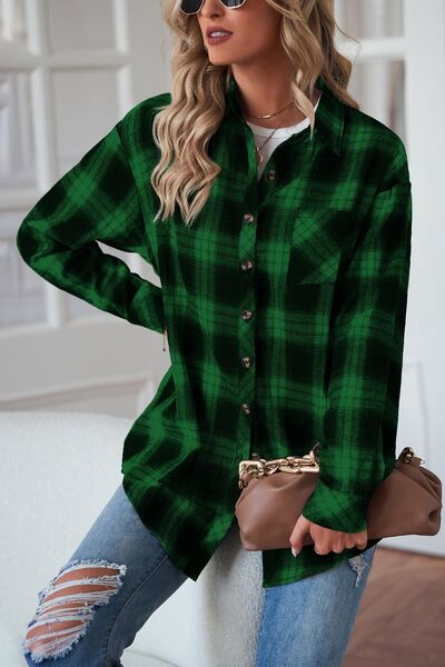 Plaid Button Up Dropped Shoulder Shirt - Brinxx Couture