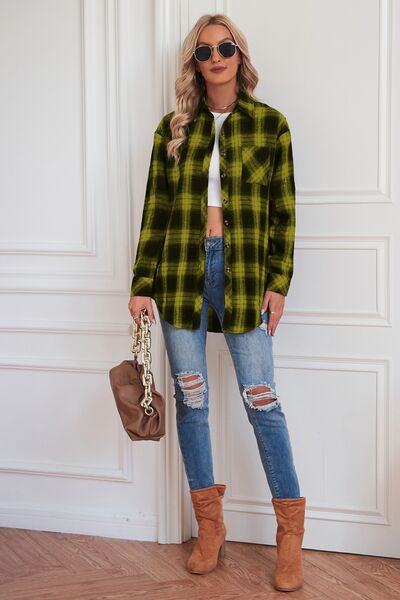 Plaid Button Up Dropped Shoulder Shirt - Brinxx Couture