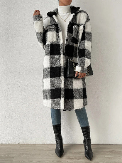 Plaid Collared Neck Button Down Coat - Brinxx Couture