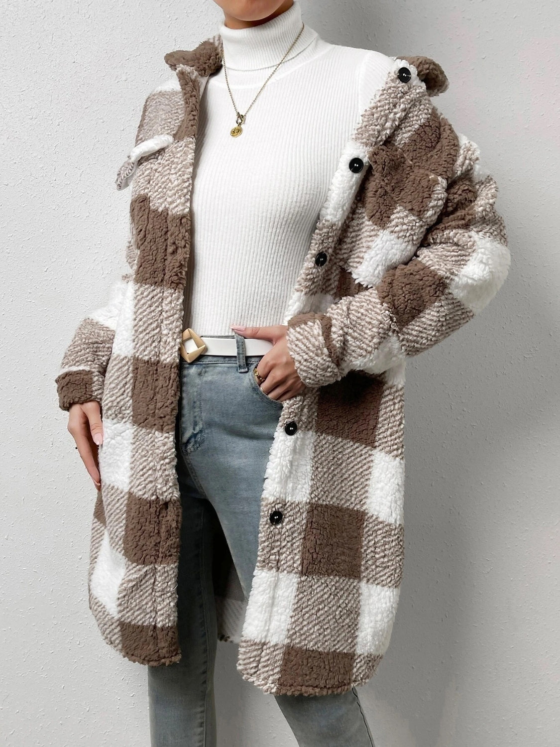 Plaid Collared Neck Button Down Coat - Brinxx Couture