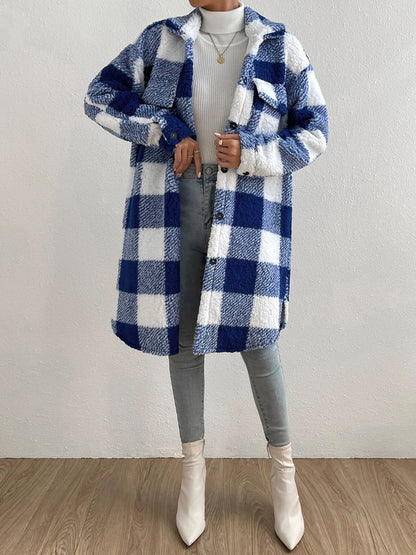 Plaid Collared Neck Button Down Coat - Brinxx Couture