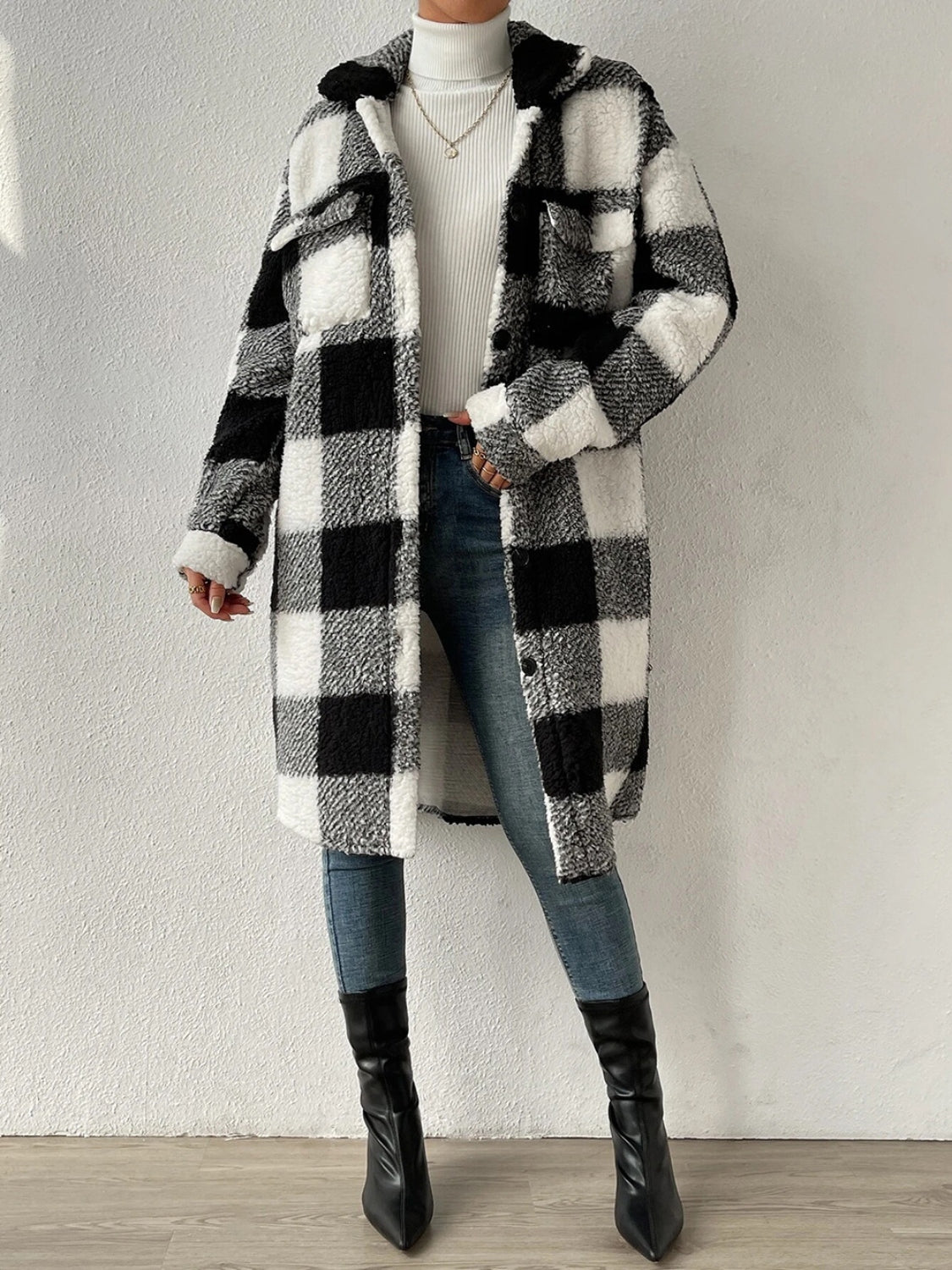 Plaid Collared Neck Button Down Coat - Brinxx Couture