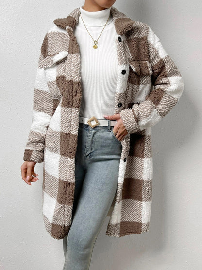 Plaid Collared Neck Button Down Coat - Brinxx Couture