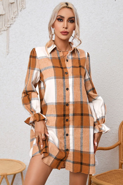 Plaid Collared Neck Flounce Sleeve Shirt Dress - Brinxx Couture