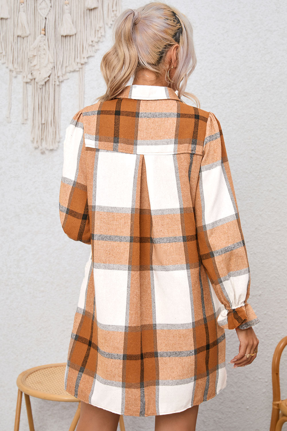 Plaid Collared Neck Flounce Sleeve Shirt Dress - Brinxx Couture