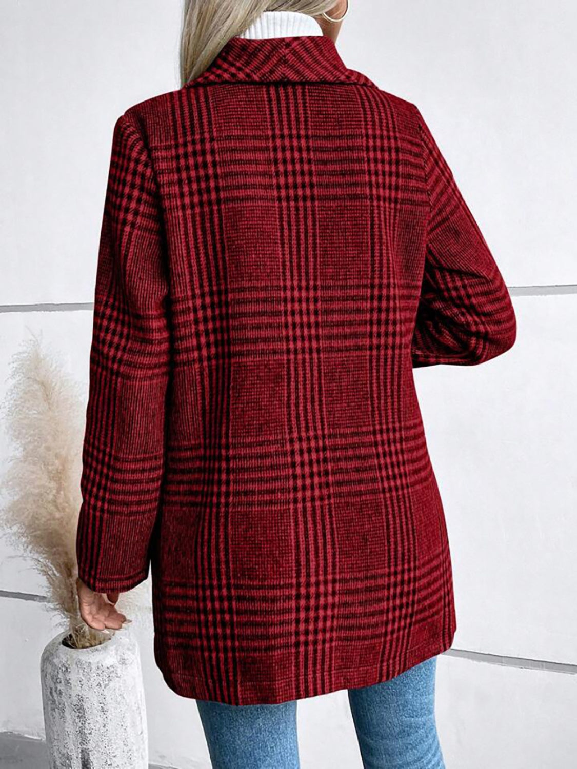 Plaid Collared Neck Long Sleeve Jacket - Brinxx Couture