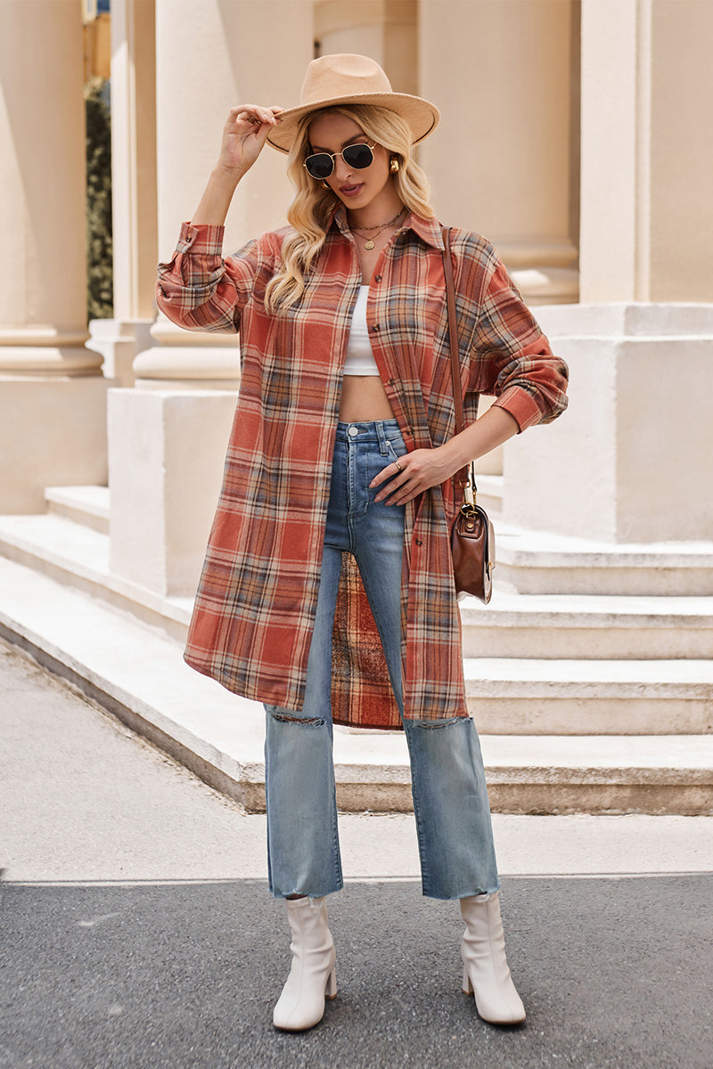 Plaid Collared Neck Long Sleeve Shirt - Brinxx Couture