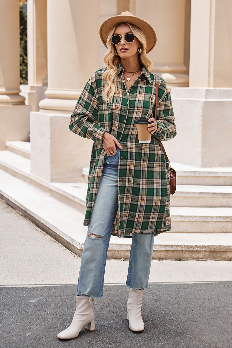 Plaid Collared Neck Long Sleeve Shirt - Brinxx Couture