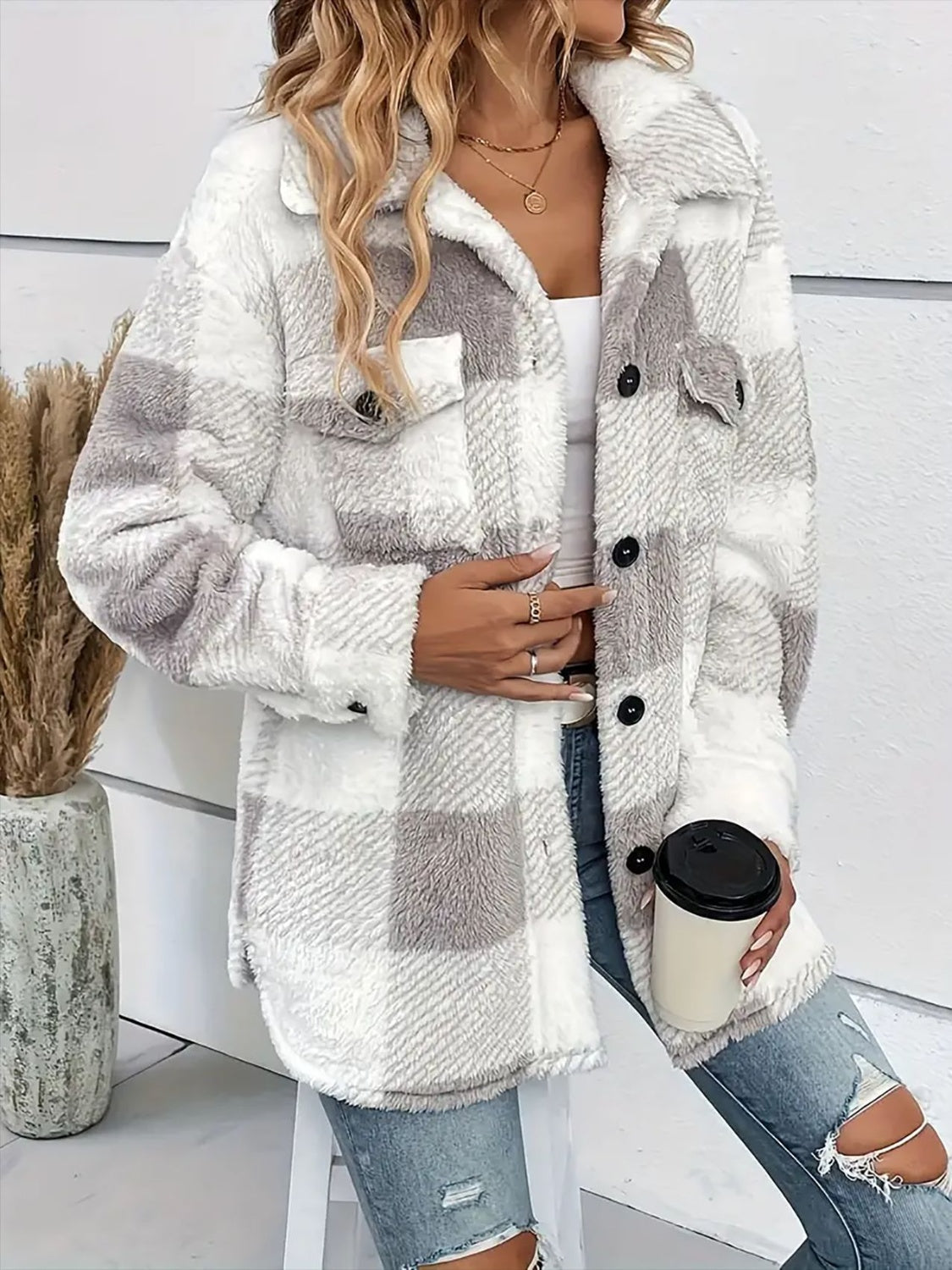 A stylish Plaid Dropped Shoulder Long Sleeve Plush Coat for women. this piece adds a touch of elegance to your outfit - Brinxx Couture