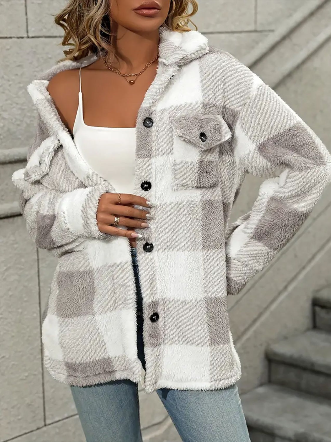 A stylish Plaid Dropped Shoulder Long Sleeve Plush Coat for women. this piece adds a touch of elegance to your outfit - Brinxx Couture