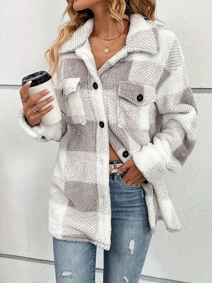 A stylish Plaid Dropped Shoulder Long Sleeve Plush Coat for women. this piece adds a touch of elegance to your outfit - Brinxx Couture