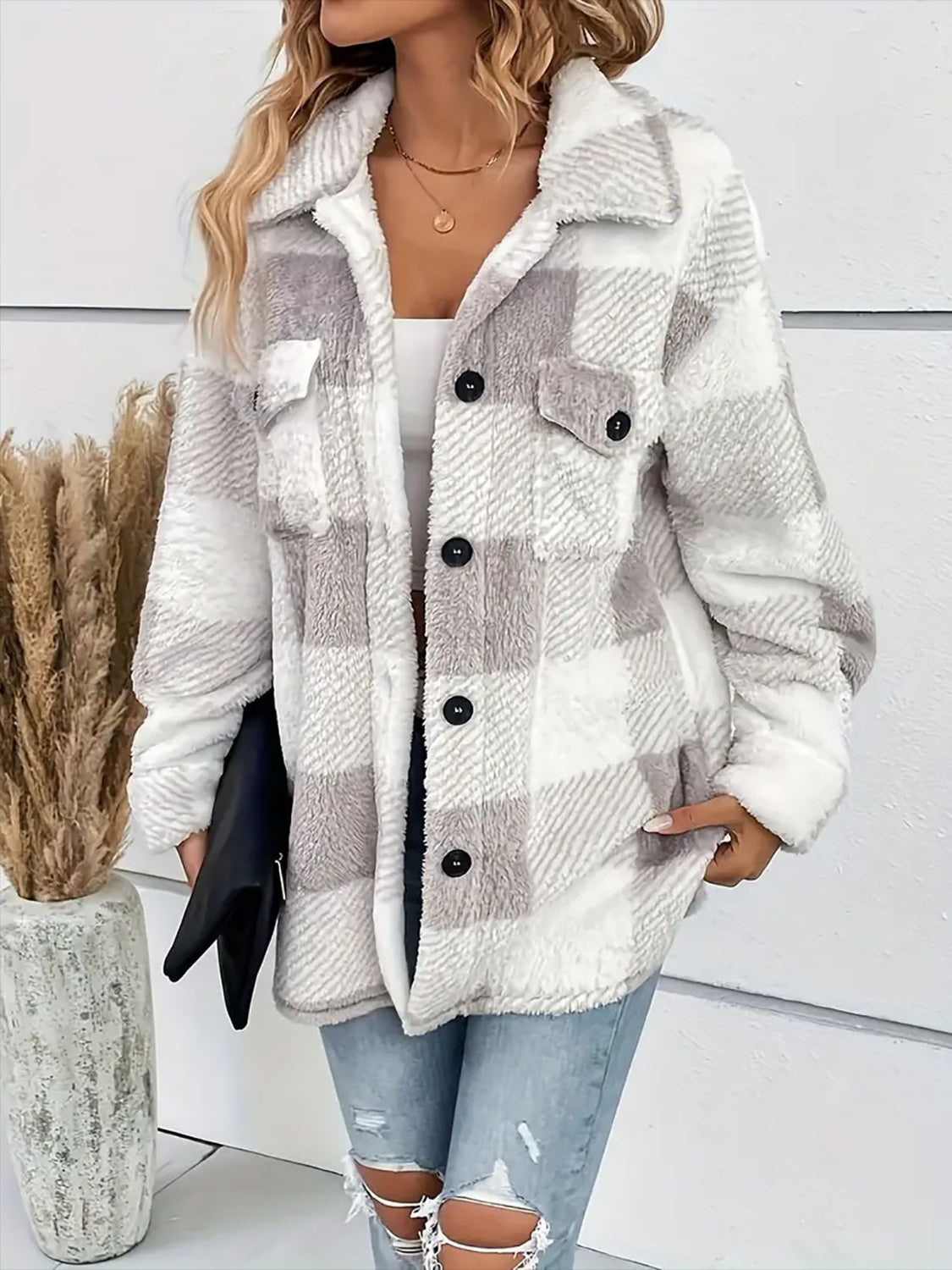 A stylish Plaid Dropped Shoulder Long Sleeve Plush Coat for women. this piece adds a touch of elegance to your outfit - Brinxx Couture