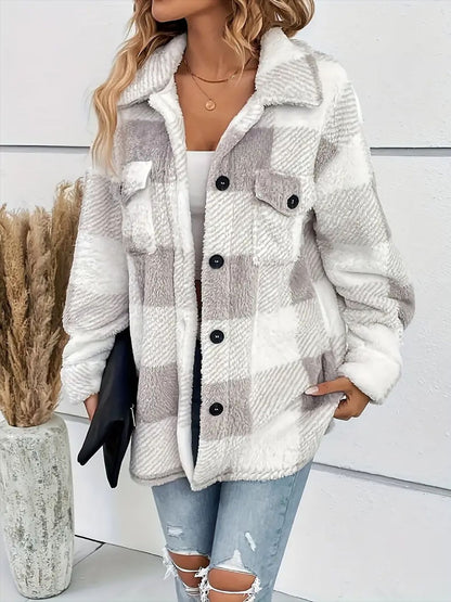 A stylish Plaid Dropped Shoulder Long Sleeve Plush Coat for women. this piece adds a touch of elegance to your outfit - Brinxx Couture