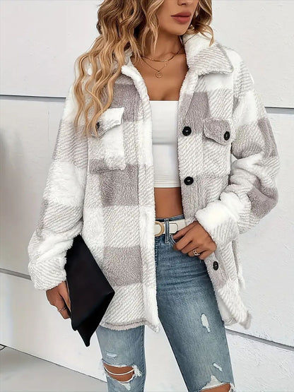 A stylish Plaid Dropped Shoulder Long Sleeve Plush Coat for women. this piece adds a touch of elegance to your outfit - Brinxx Couture