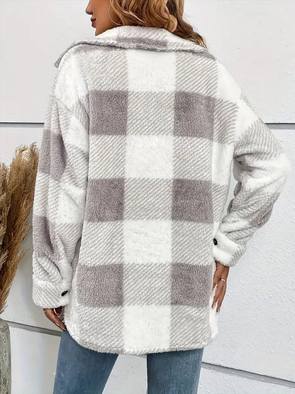 A stylish Plaid Dropped Shoulder Long Sleeve Plush Coat for women. this piece adds a touch of elegance to your outfit - Brinxx Couture