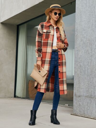 Plaid Pocketed Button Up Trench Coat - Brinxx Couture