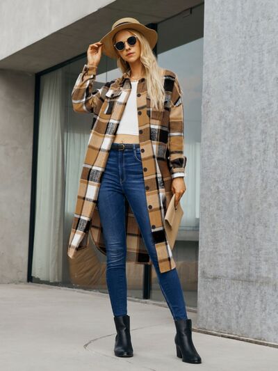 Plaid Pocketed Button Up Trench Coat - Brinxx Couture