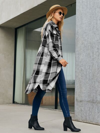 Plaid Pocketed Button Up Trench Coat - Brinxx Couture