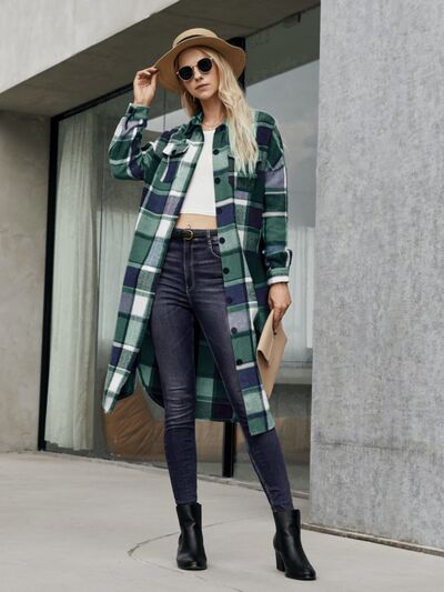 Plaid Pocketed Button Up Trench Coat - Brinxx Couture