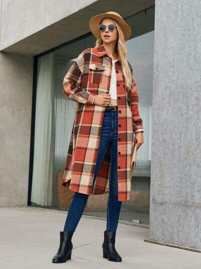 Plaid Pocketed Button Up Trench Coat - Brinxx Couture