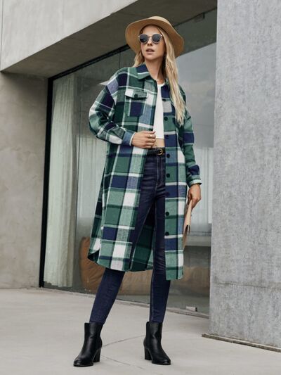 Plaid Pocketed Button Up Trench Coat - Brinxx Couture