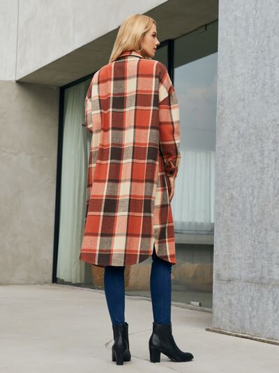 Plaid Pocketed Button Up Trench Coat - Brinxx Couture