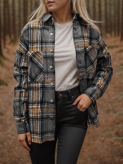 Plaid Snap Down Long Sleeve Shacket - Brinxx Couture