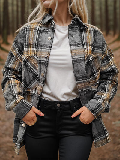 Plaid Snap Down Long Sleeve Shacket - Brinxx Couture