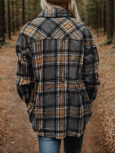 Plaid Snap Down Long Sleeve Shacket - Brinxx Couture