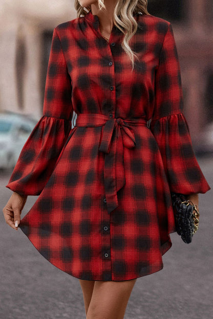 Plaid Tie Waist Balloon Sleeve Mini Dress - Brinxx Couture