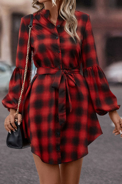 Plaid Tie Waist Balloon Sleeve Mini Dress - Brinxx Couture