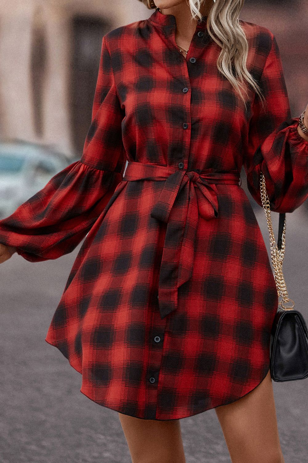 Plaid Tie Waist Balloon Sleeve Mini Dress - Brinxx Couture