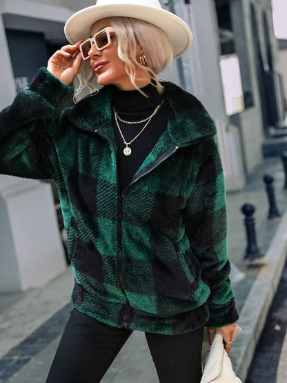 Plaid Zip-Up Collared Jacket - Brinxx Couture